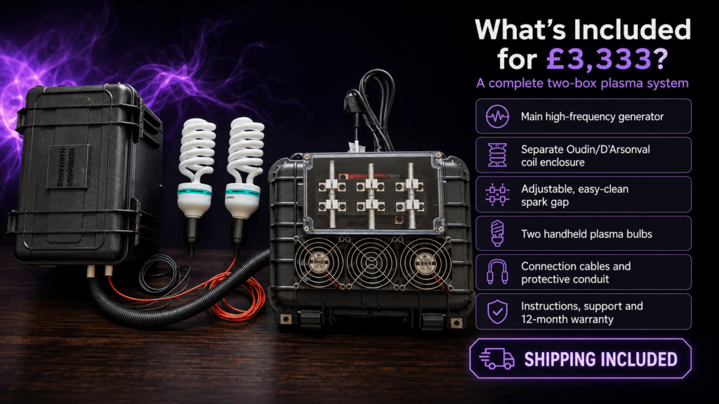 “What is included with Alan’s £3,333 High Frequency Plasma Device, including two enclosures, adjustable spark gap, two bulbs, cables, support and warranty.