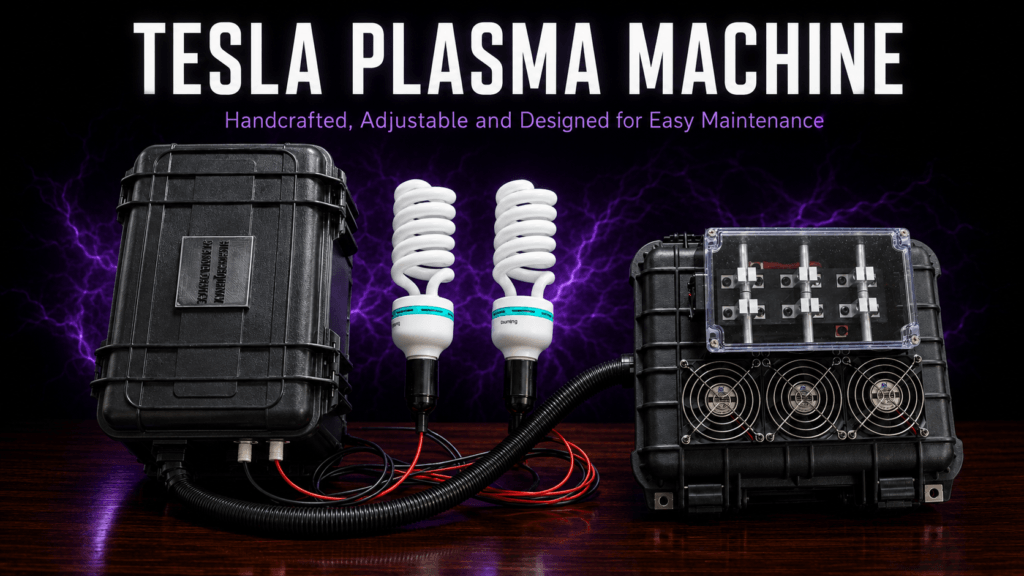 Updated Tesla plasma machine with two plasma bulbs, adjustable zinc spark gap and three-fan cooling.”