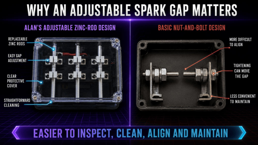 Adjustable zinc rod spark gap compared with a basic nut-and-bolt electrode design.