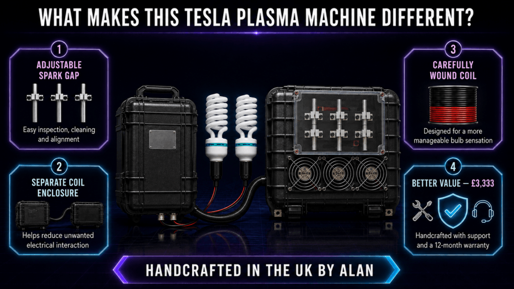 Alan’s handcrafted plasma generator with adjustable spark gap, separate coil enclosure and two output bulbs.”
