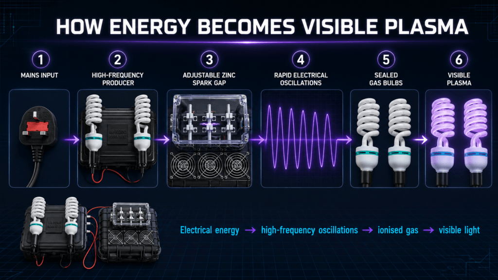 How a Tesla-inspired spark-gap plasma machine creates visible plasma
