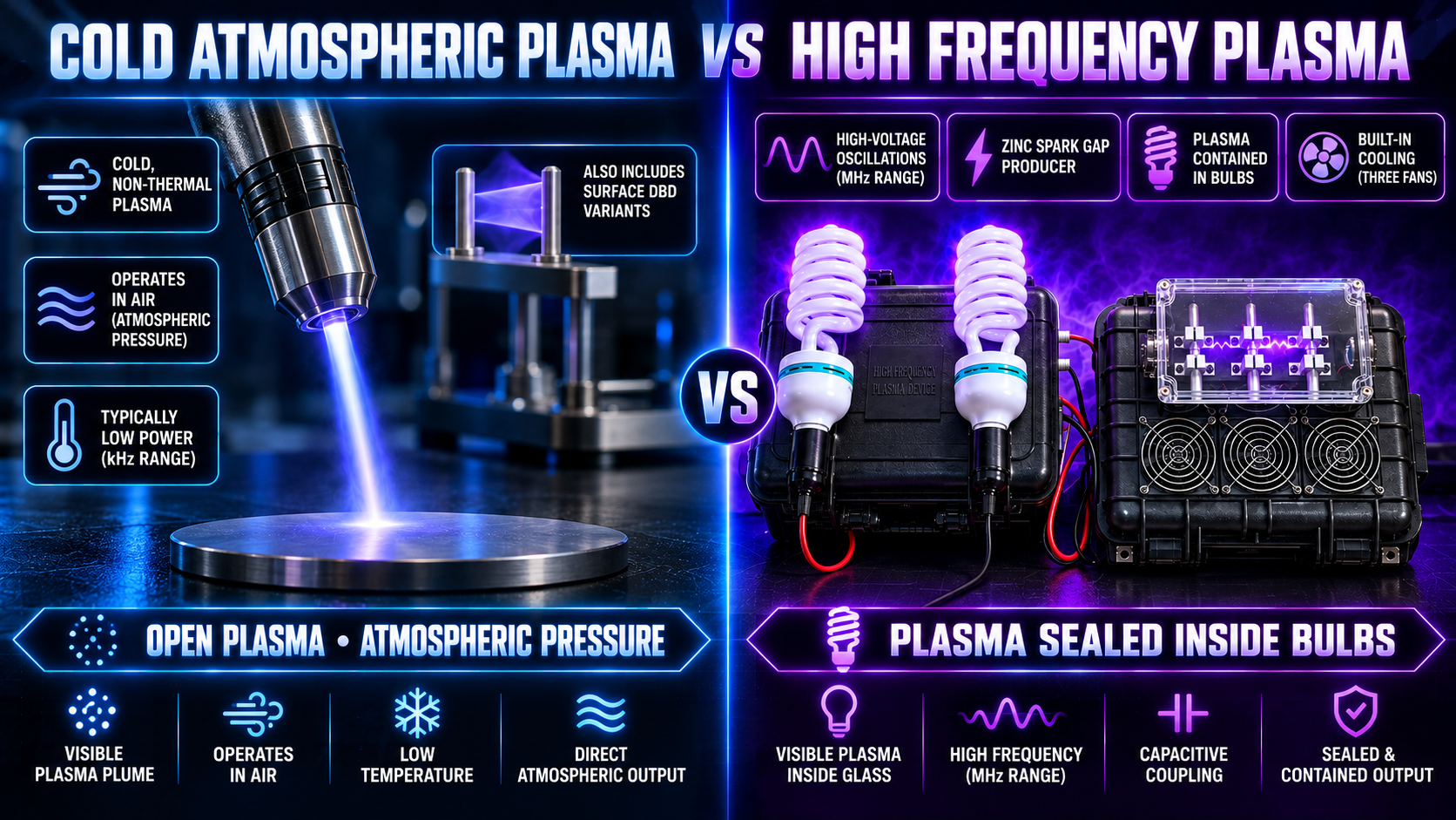 Cold Atmospheric Plasma vs High Frequency Plasma