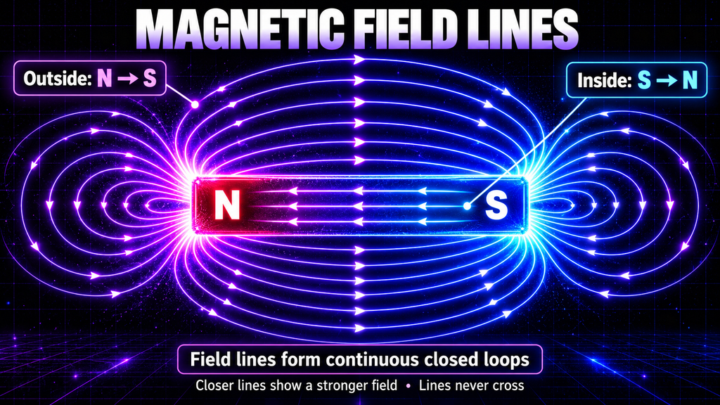 Magnetic field lines form closed loops around a bar magnet from north to south