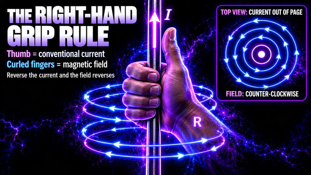 Right-hand grip rule showing current direction and circular magnetic field around a wire.