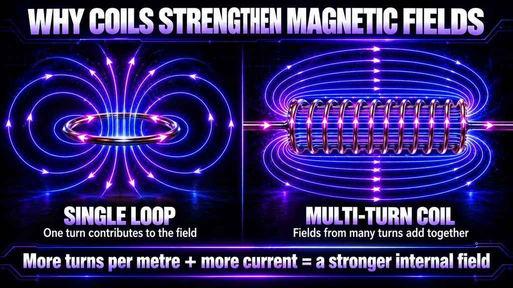 Magnetic fields from individual wire turns combine inside a current-carrying coil.