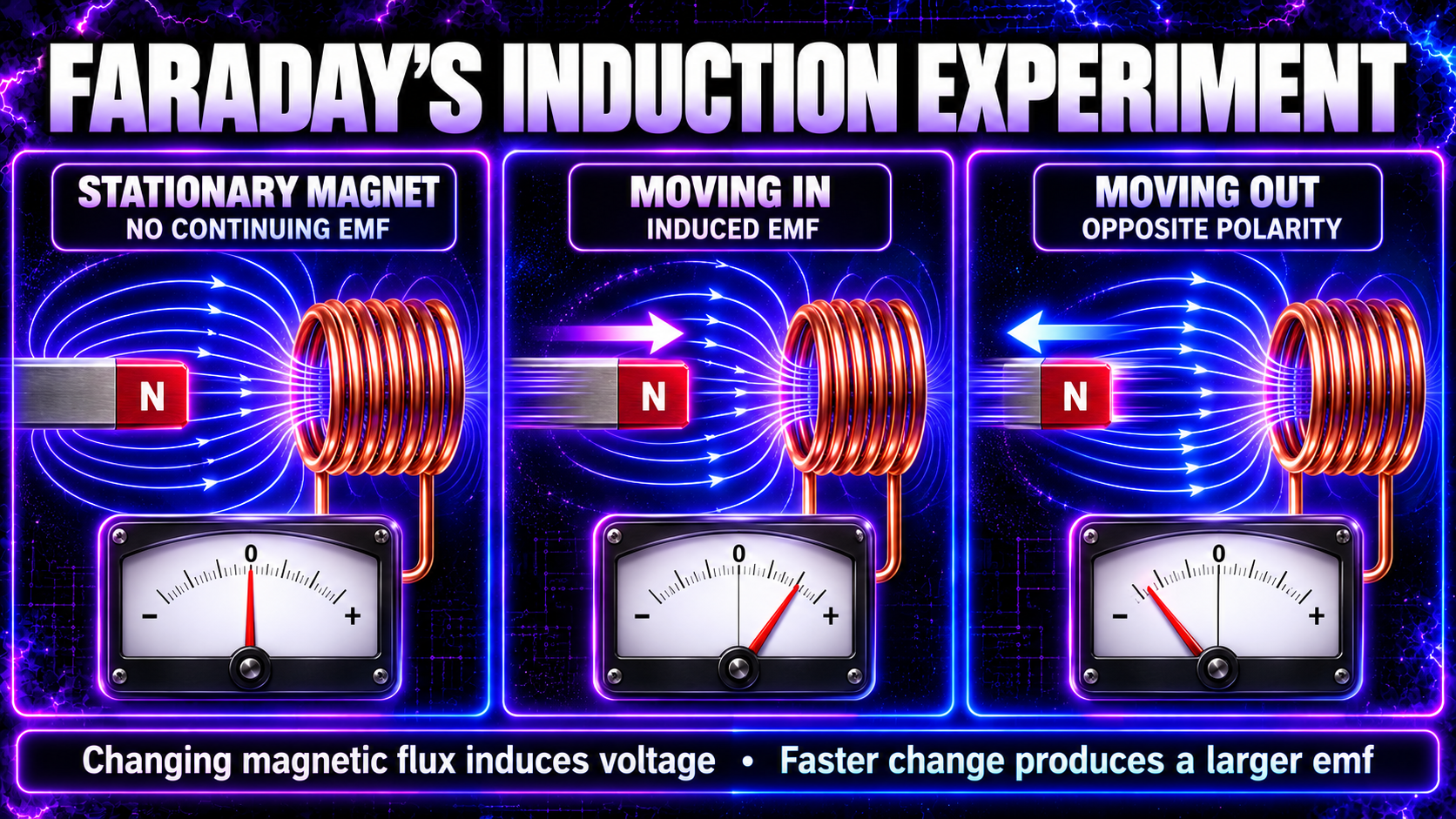 Moving and stationary magnets demonstrating when voltage is induced in a coil.