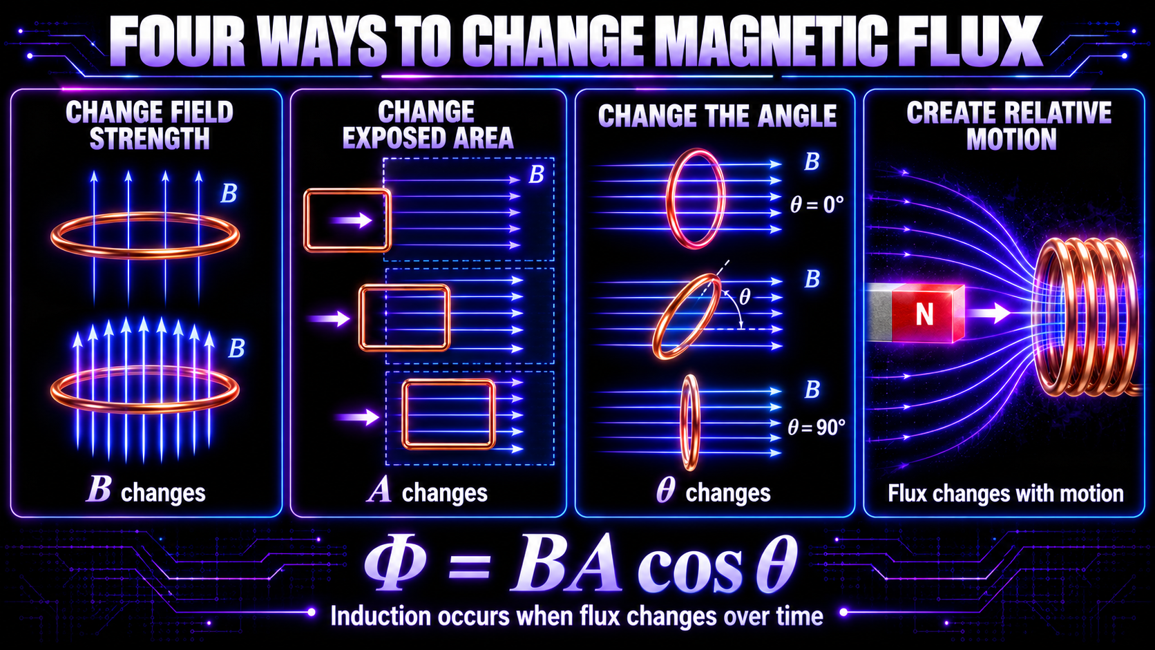Magnetic flux changes through field strength, area, angle or relative motion.