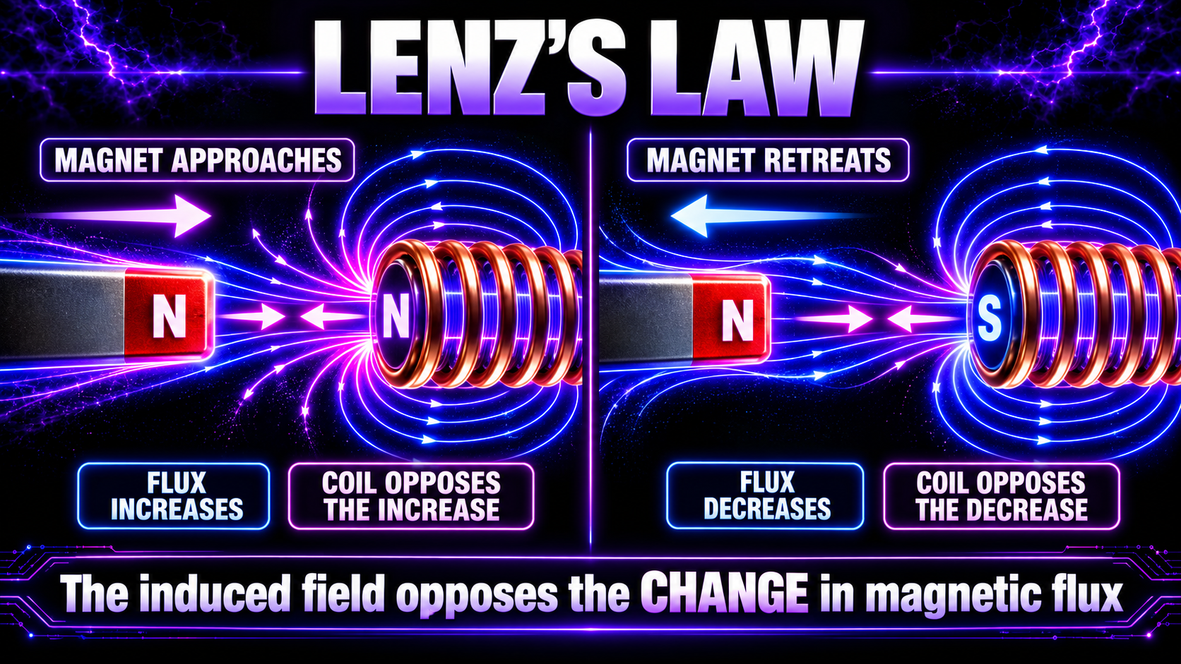 Lenz’s law showing an induced magnetic field opposing a change in magnetic flux