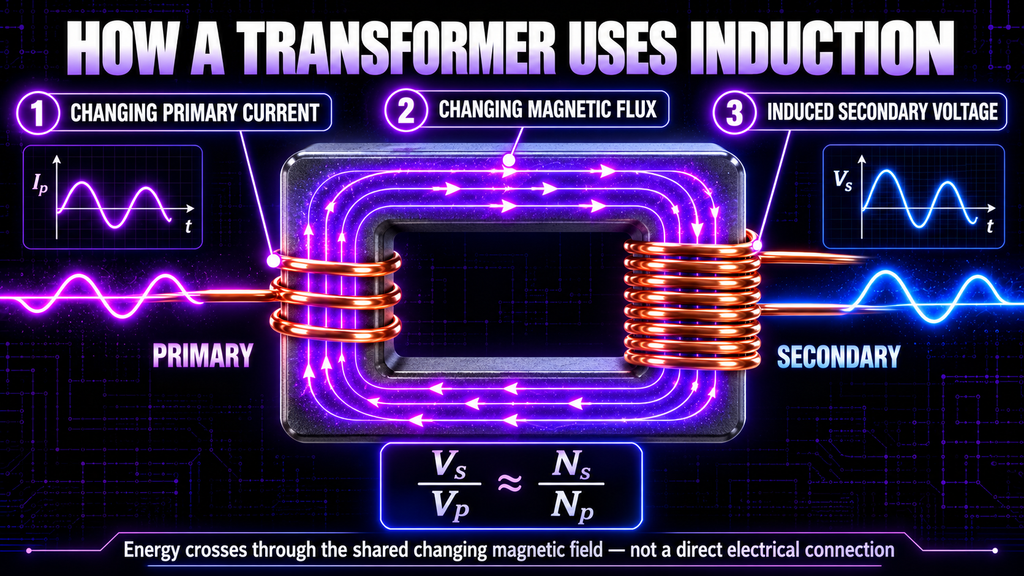 Changing primary current creates magnetic flux that induces secondary transformer voltage.