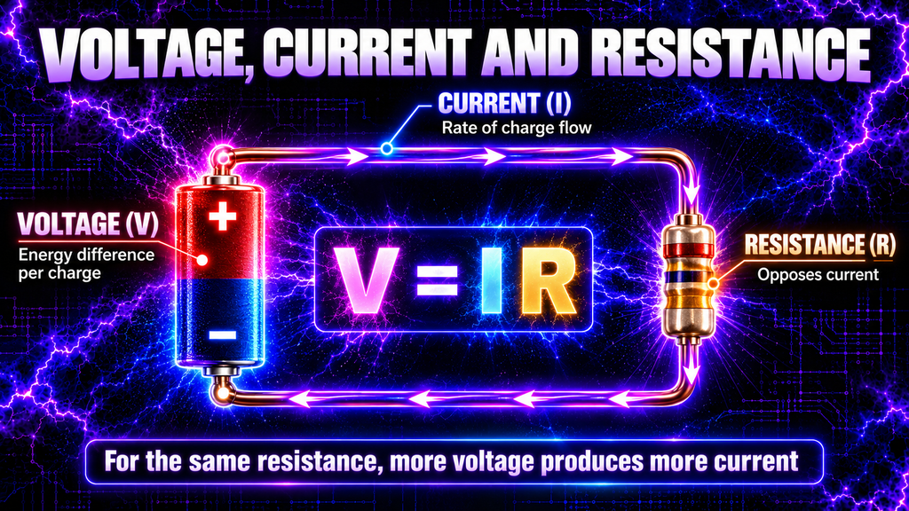 Voltage drives current through resistance according to Ohm’s law