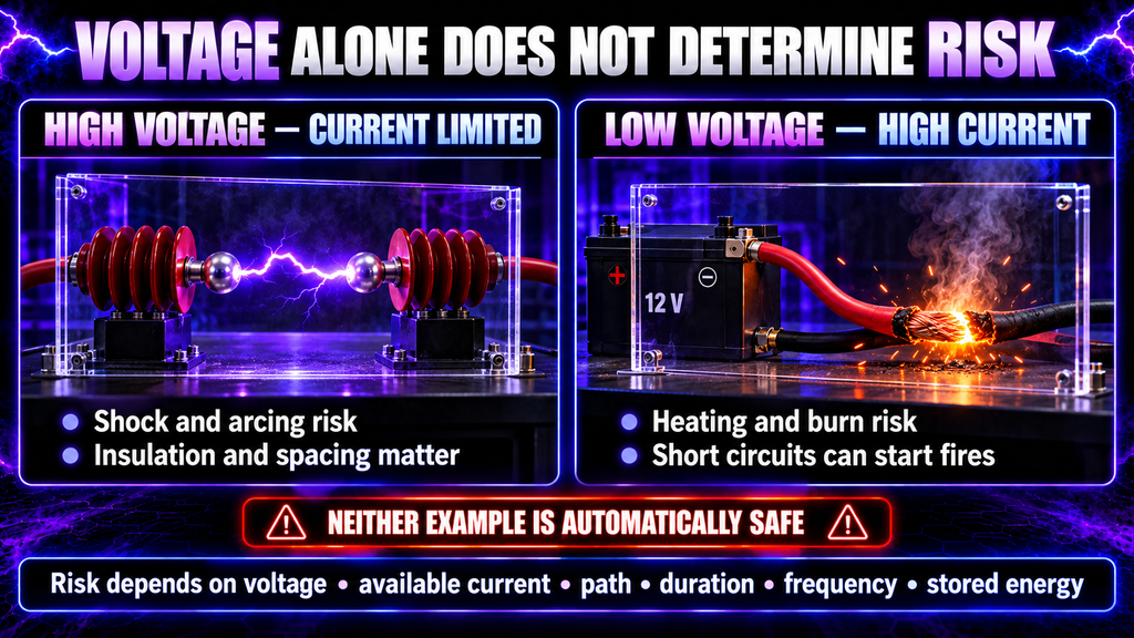  Voltage alone does not determine current, power or electrical safety.