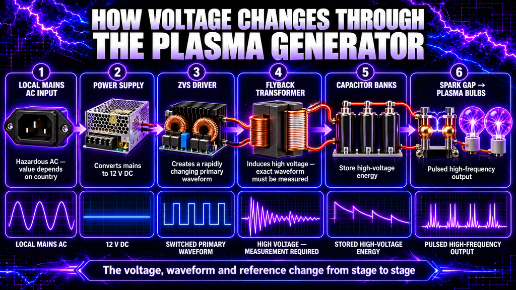 Voltage stages from the power supply through the ZVS, flyback, capacitors, spark gap and plasma bulbs.