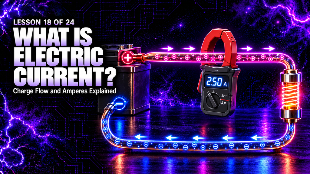 What is electric current lesson graphic showing charge moving through a glowing conductor and an ammeter