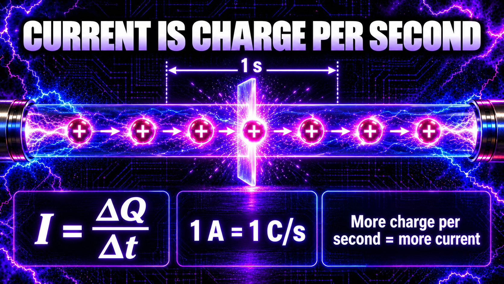 Electric current equation showing one ampere as one coulomb of charge passing a point each second