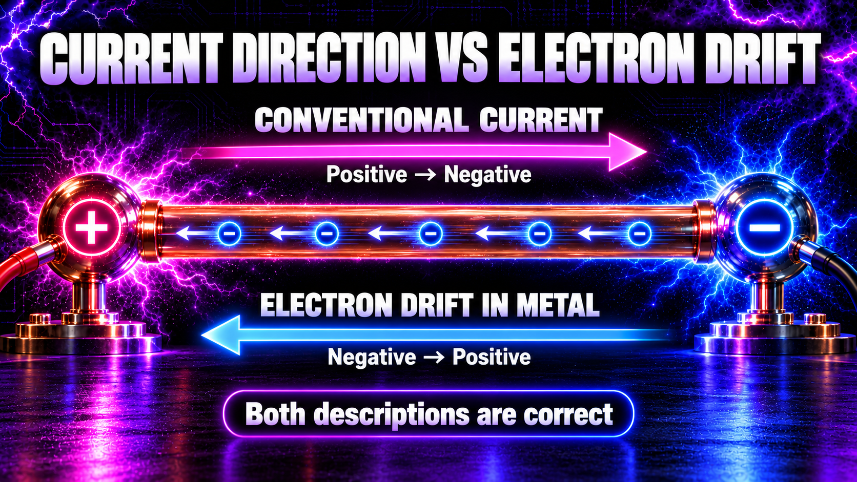 Conventional current from positive to negative compared with electron drift from negative to positive