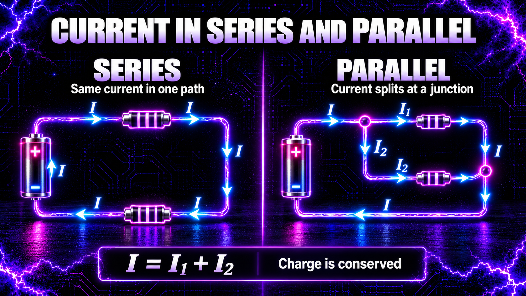 Diagram showing equal current in a series circuit and current splitting between parallel branches