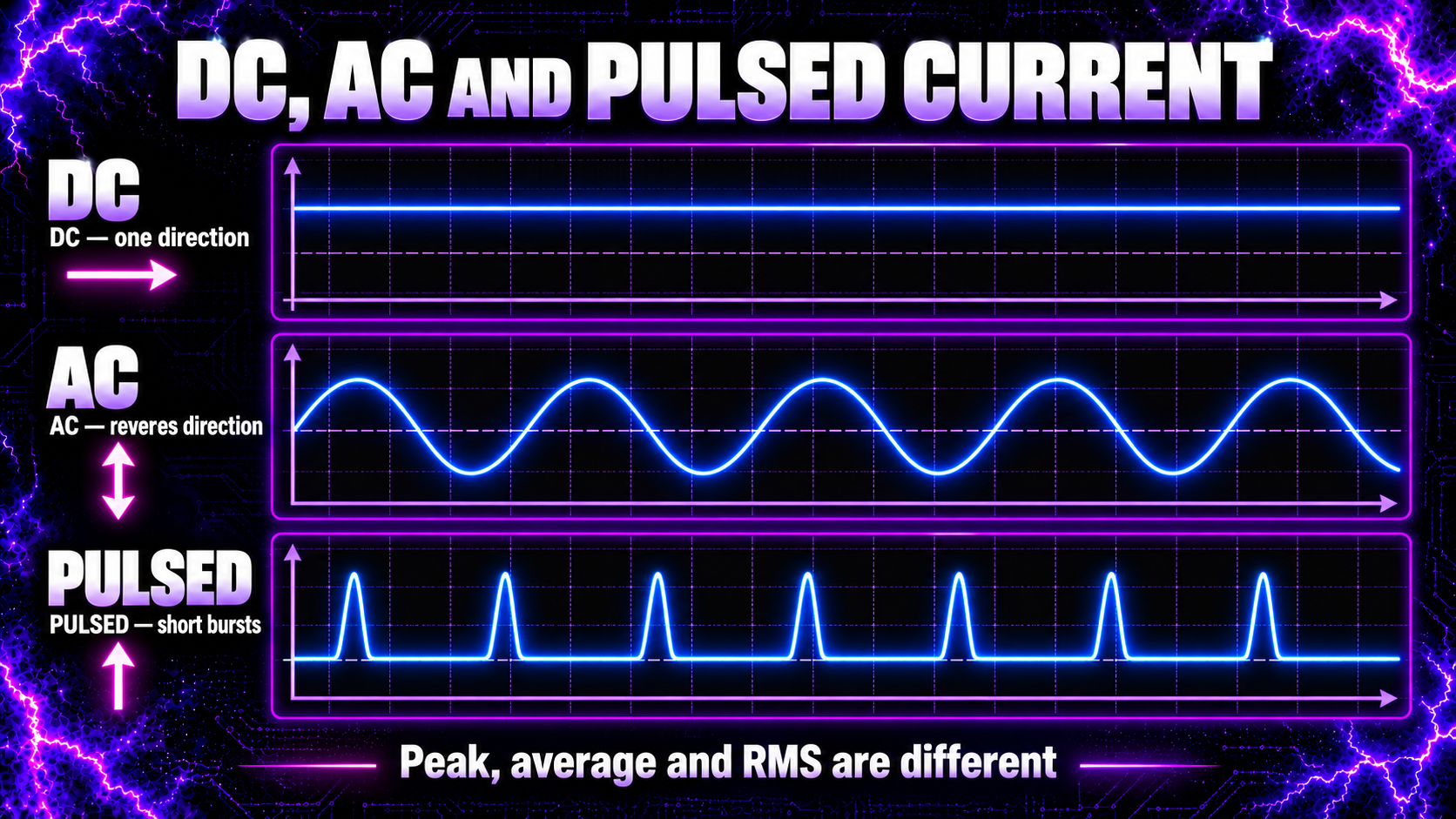 Comparison of direct current alternating current and pulsed current waveforms