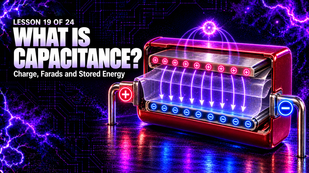 What is capacitance lesson graphic showing a charged high-voltage capacitor and electric field