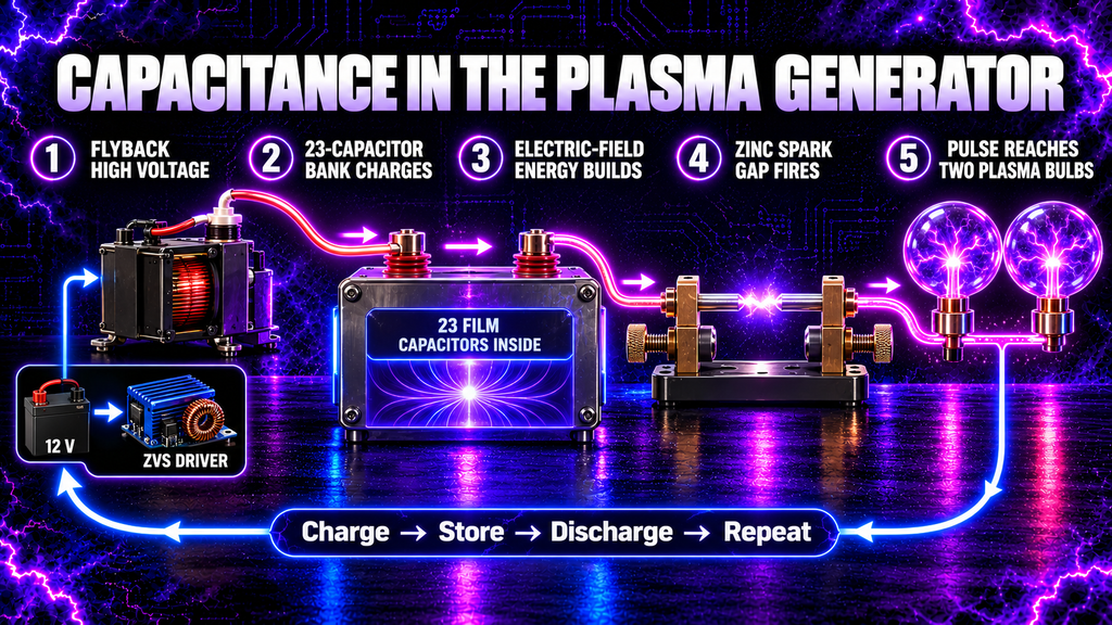 Flyback charging a 23-capacitor bank before a zinc spark gap releases a pulse to two plasma bulbs