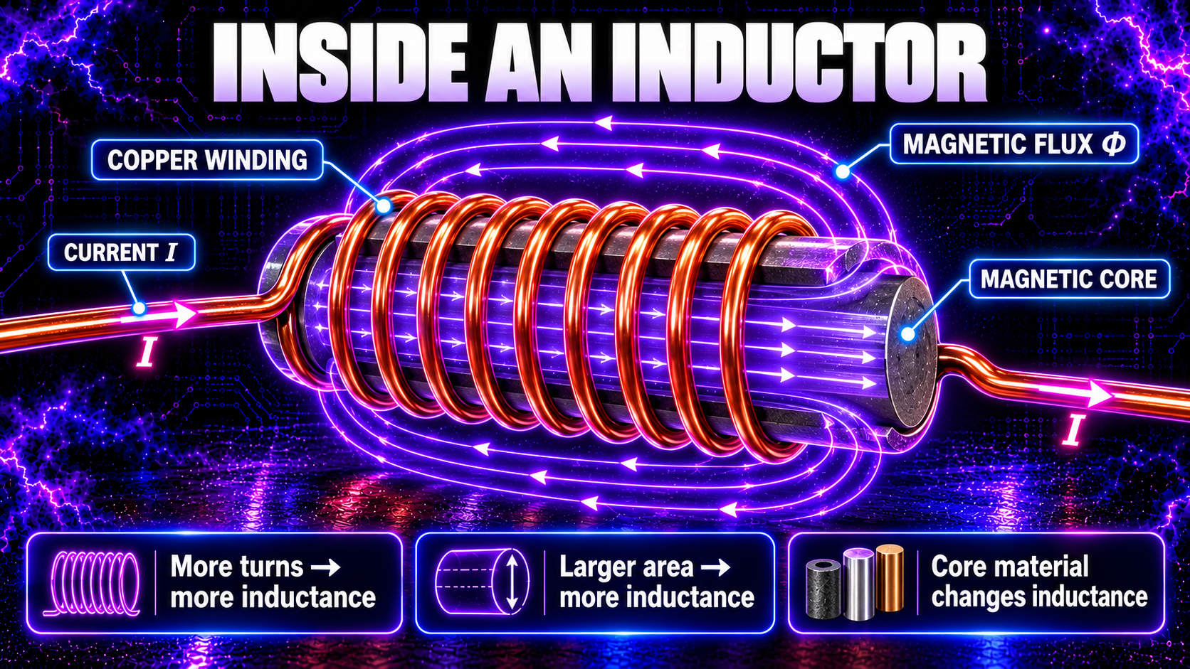 Inductor anatomy showing copper winding magnetic core current and magnetic flux