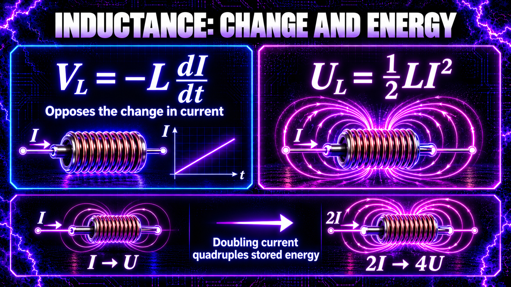 Inductance equations showing voltage from changing current and magnetic-field energy