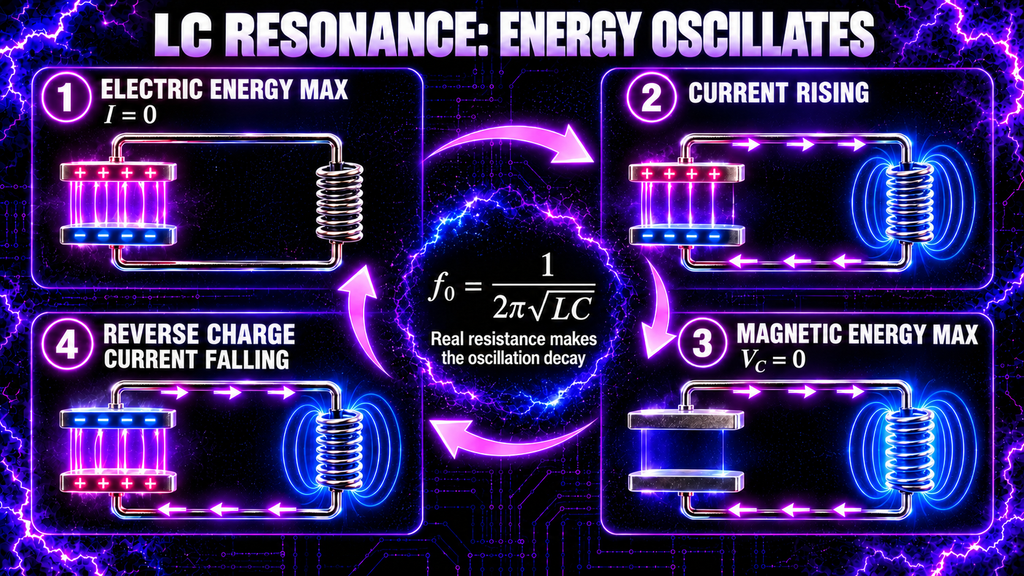 LC resonance showing energy moving between capacitor electric field and inductor magnetic field
