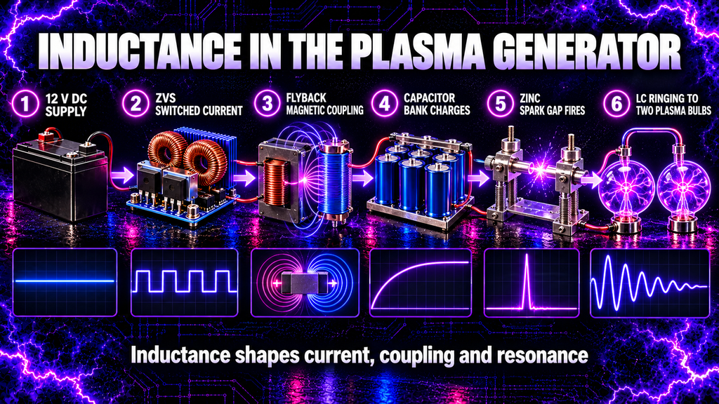 Inductance through the ZVS driver flyback capacitor bank zinc spark gap and two plasma bulbs