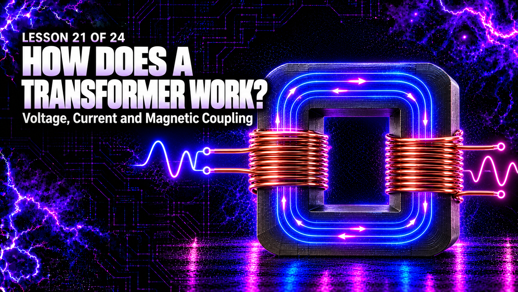 How does a transformer work lesson showing primary and secondary coils around a magnetic core