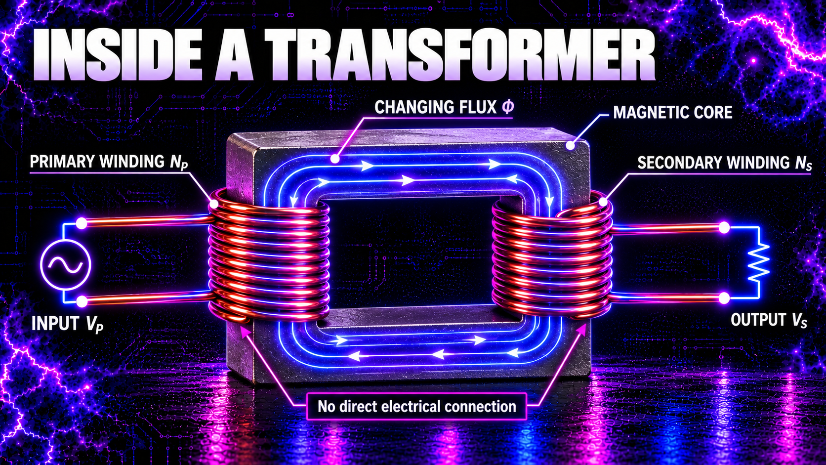 Transformer anatomy showing primary winding secondary winding magnetic core and changing flux