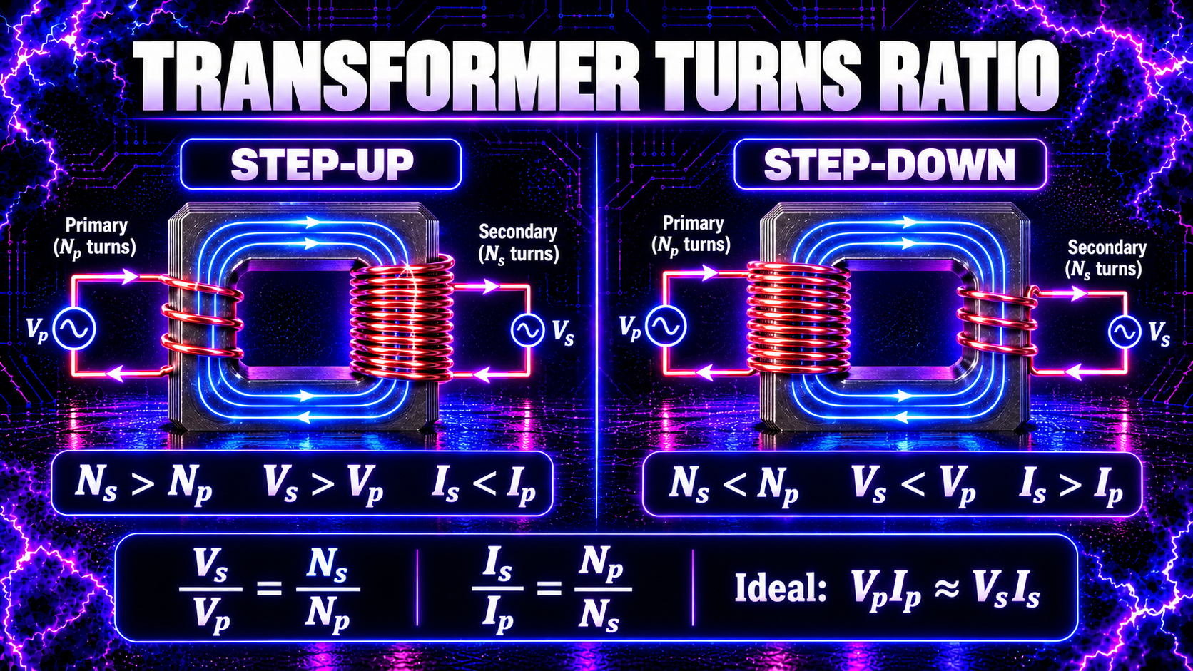 Transformer turns ratio comparing step-up and step-down voltage and current