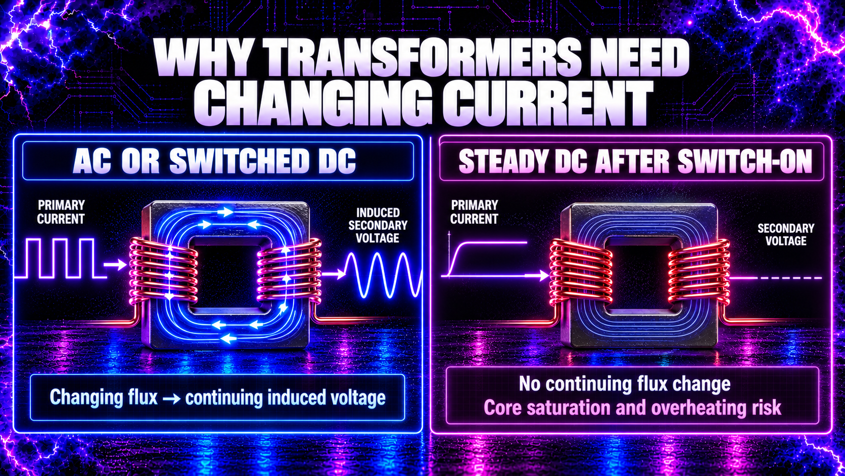 AC and switched current creating changing transformer flux compared with unsafe steady DC”