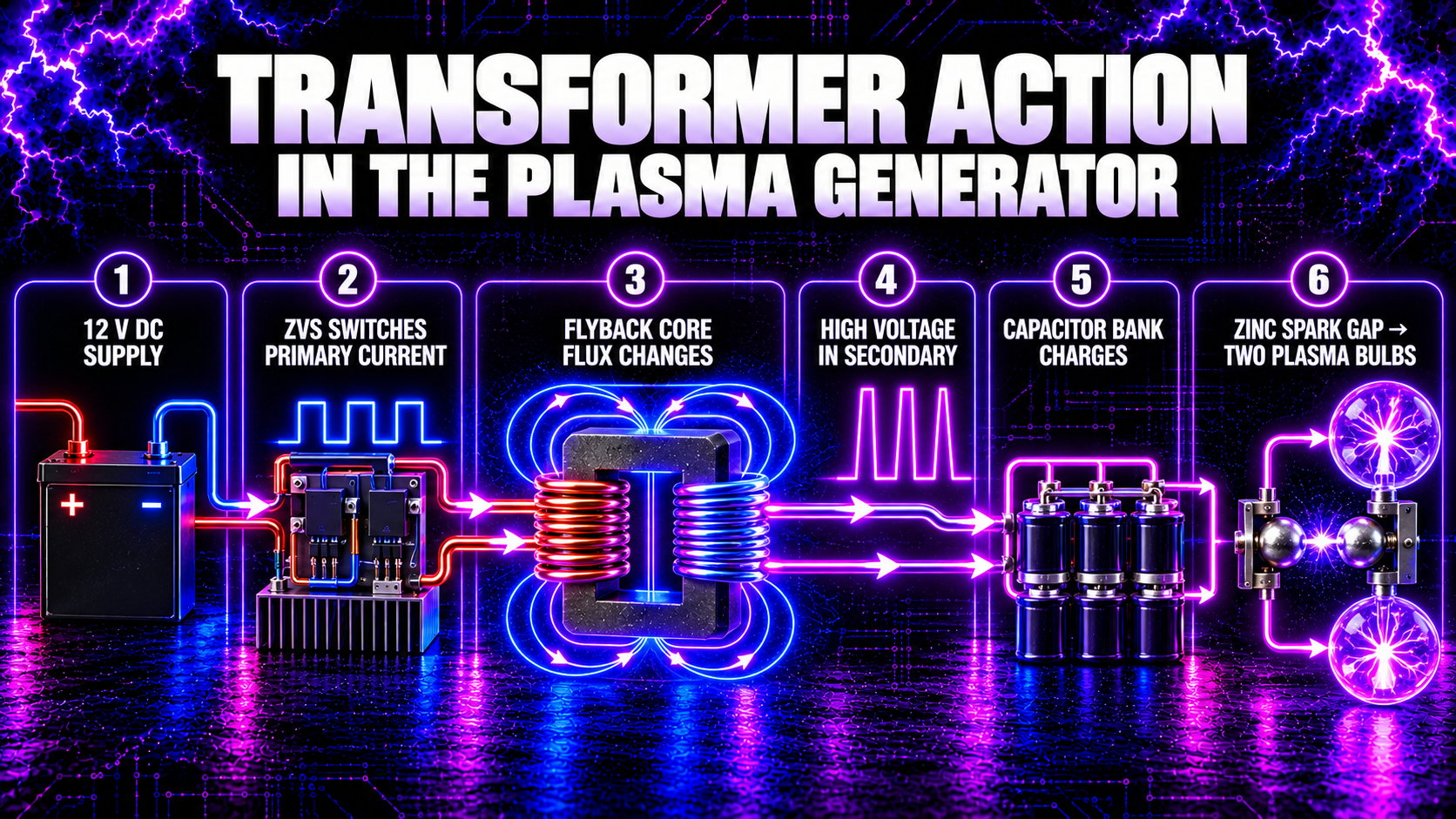 ZVS driver feeding a flyback transformer that charges capacitor banks before a zinc spark gap and two plasma bulbs”