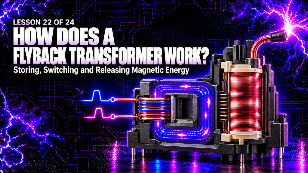 How does a flyback transformer work lesson showing a glowing ferrite core and high-voltage secondary