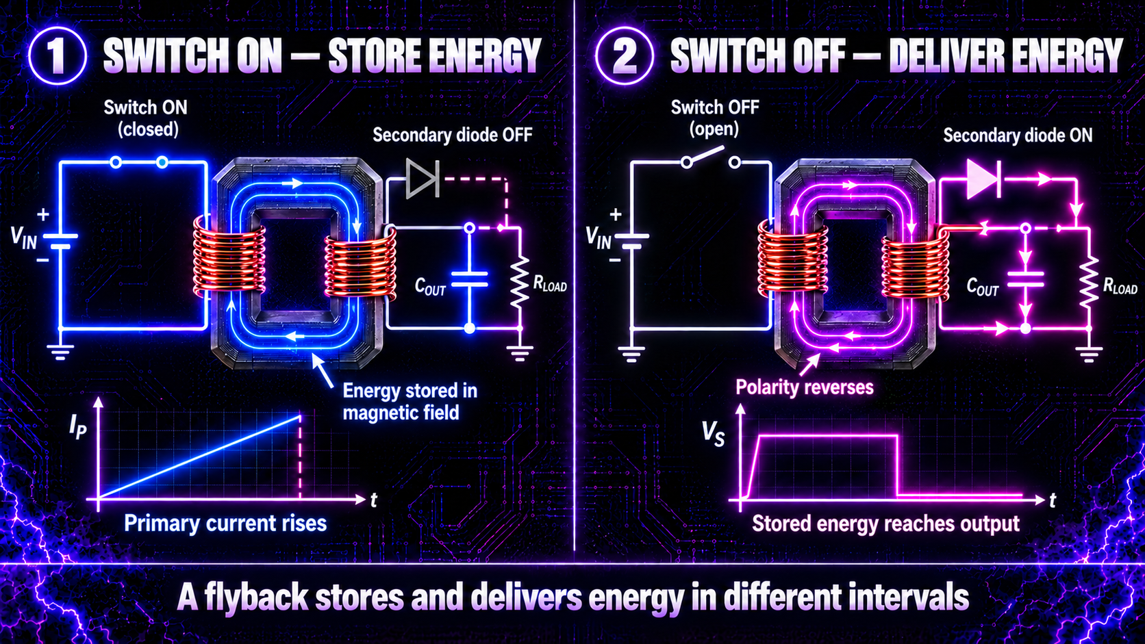 Flyback transformer switch-on energy storage and switch-off energy delivery cycle