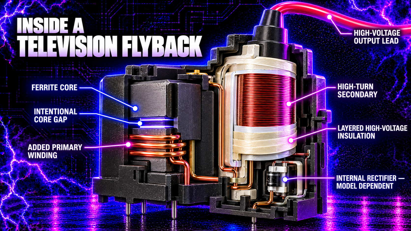 Cutaway television flyback showing ferrite core primary secondary core gap insulation and high-voltage lead”