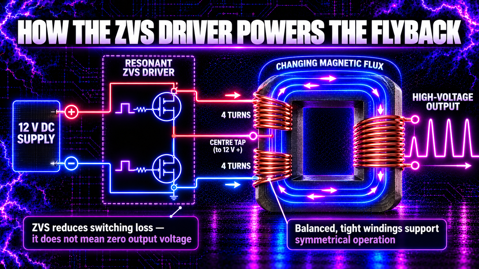 ZVS driver alternately switching a balanced centre-tapped flyback primary winding