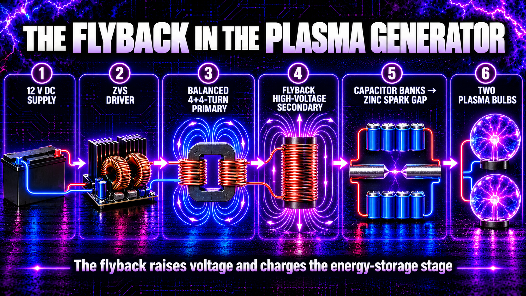 Twelve volt supply and ZVS flyback charging capacitor banks before a zinc spark gap and two plasma bulbs”