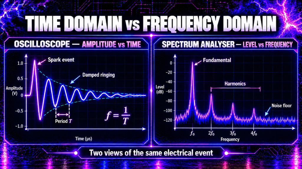 Oscilloscope waveform compared with spectrum analyser frequency peaks