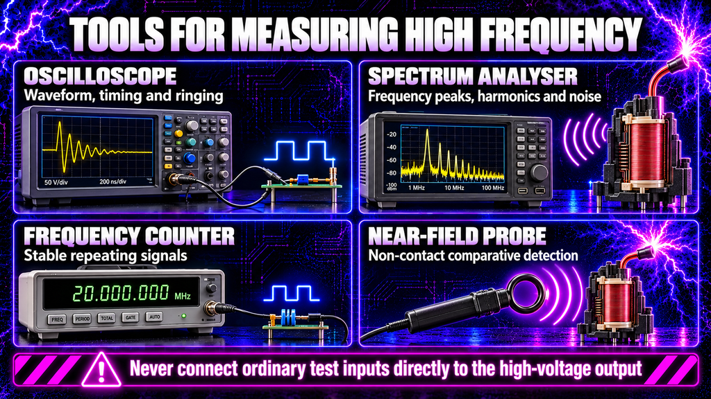 Oscilloscope spectrum analyser frequency counter and near-field probe comparison