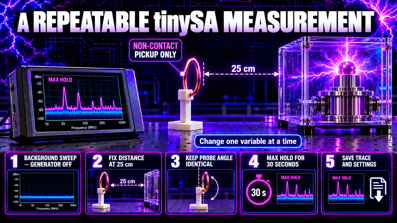 Safe non-contact tinySA measurement at a fixed 25 centimetres using 30-second MAX HOLD