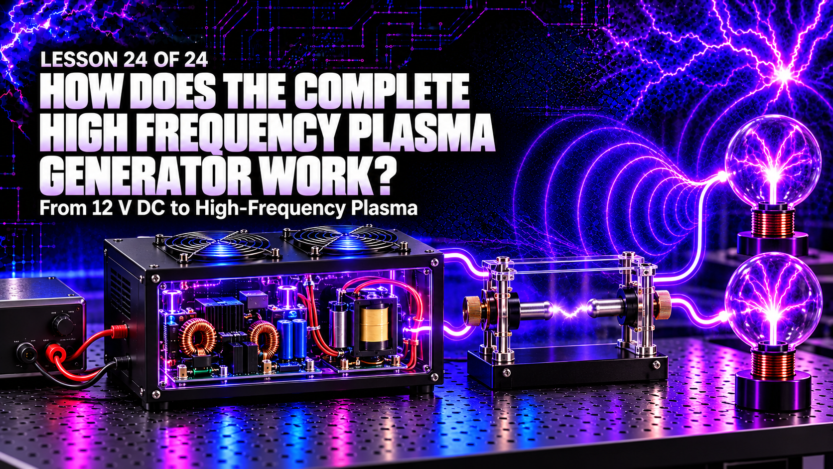 Complete High Frequency Plasma generator showing the energy path from twelve volt supply to two plasma bulbs