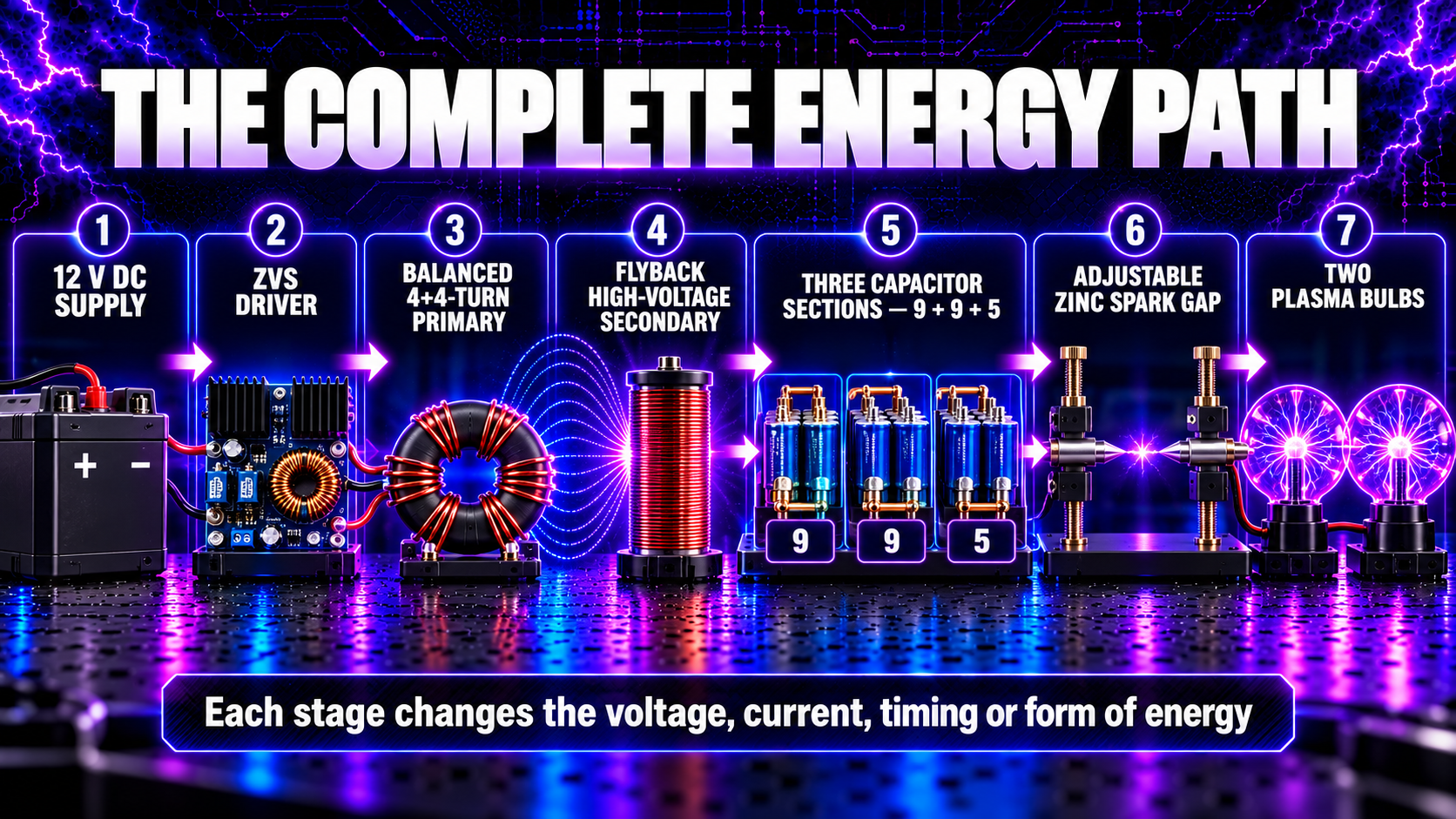 High Frequency Plasma generator block diagram from power supply through ZVS flyback capacitors and zinc spark gap to two bulbs