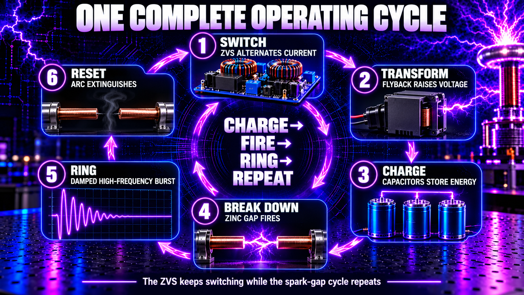 Plasma generator cycle showing switching charging spark breakdown ringing extinguishing and reset