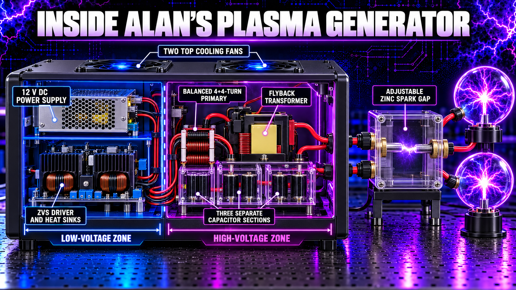 Cutaway High Frequency Plasma generator identifying power supply ZVS flyback cooling and capacitor sections