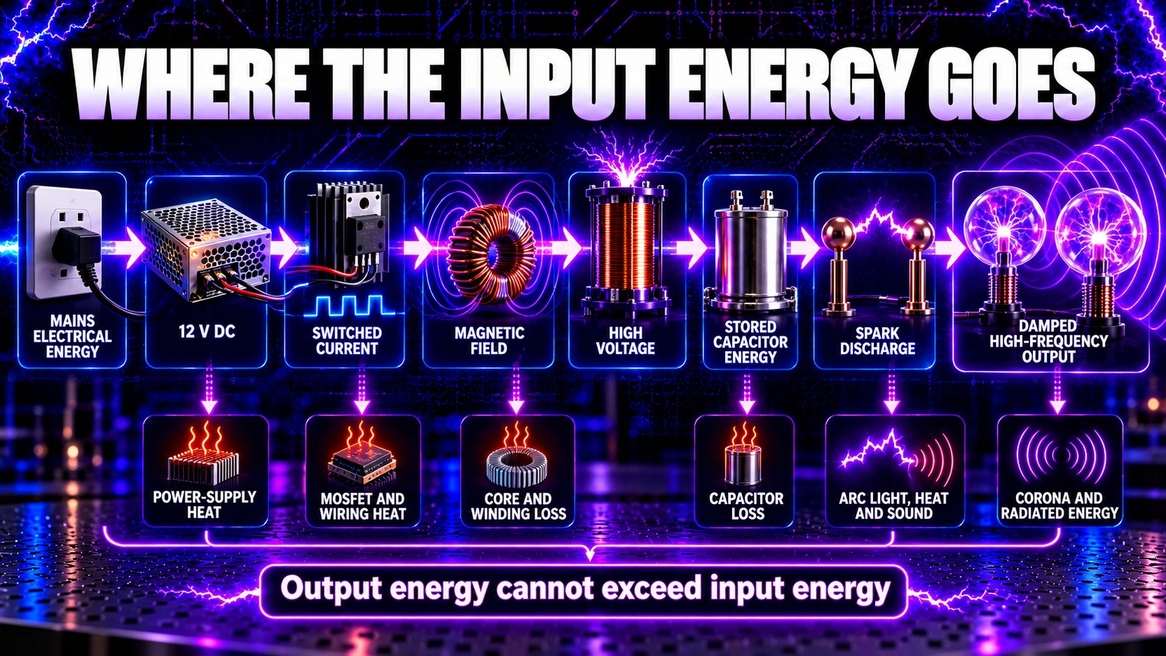 Energy transformations and losses through the complete High Frequency Plasma generator”